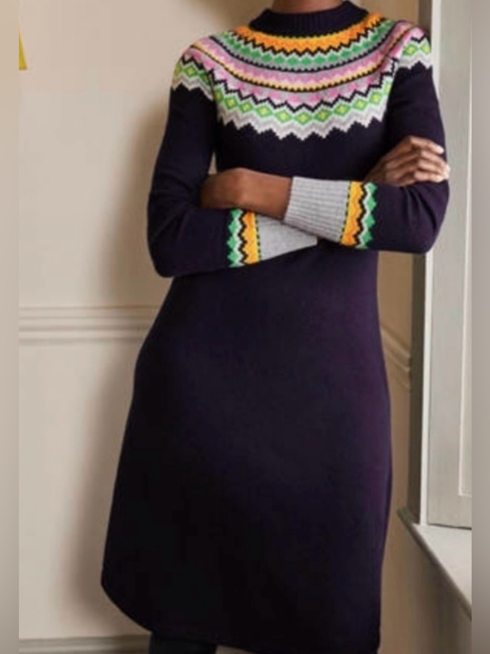 Boden Agnes Fair Isle Nordic Alpaca Wool Sweater Dress Navy Size 6